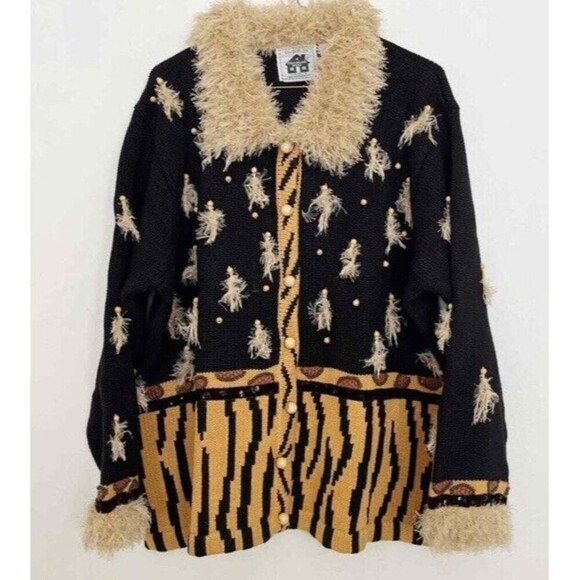 Storybook Kruts Wildlife Expressions Sweater Women’s 1X Black Brown Fringe Jacke - Picture 1 of 10